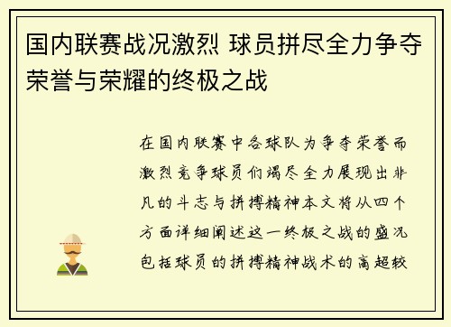 国内联赛战况激烈 球员拼尽全力争夺荣誉与荣耀的终极之战