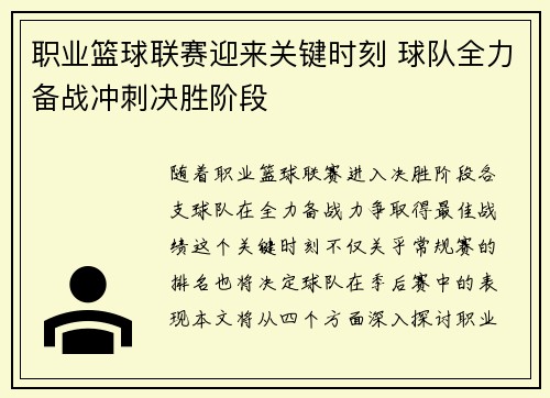 职业篮球联赛迎来关键时刻 球队全力备战冲刺决胜阶段