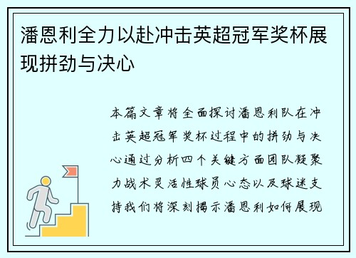 潘恩利全力以赴冲击英超冠军奖杯展现拼劲与决心