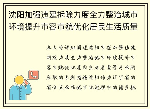 沈阳加强违建拆除力度全力整治城市环境提升市容市貌优化居民生活质量