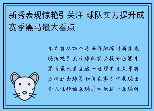 新秀表现惊艳引关注 球队实力提升成赛季黑马最大看点