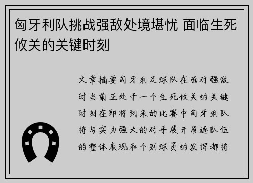 匈牙利队挑战强敌处境堪忧 面临生死攸关的关键时刻