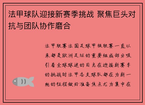 法甲球队迎接新赛季挑战 聚焦巨头对抗与团队协作磨合