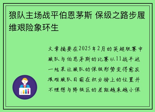 狼队主场战平伯恩茅斯 保级之路步履维艰险象环生