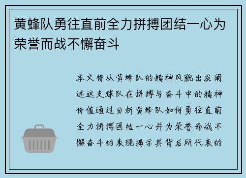 黄蜂队勇往直前全力拼搏团结一心为荣誉而战不懈奋斗