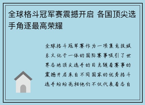 全球格斗冠军赛震撼开启 各国顶尖选手角逐最高荣耀