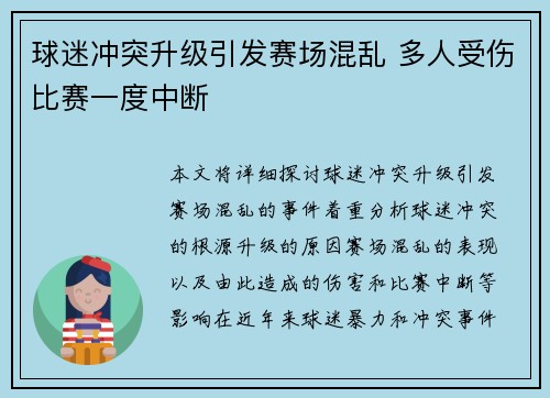 球迷冲突升级引发赛场混乱 多人受伤比赛一度中断